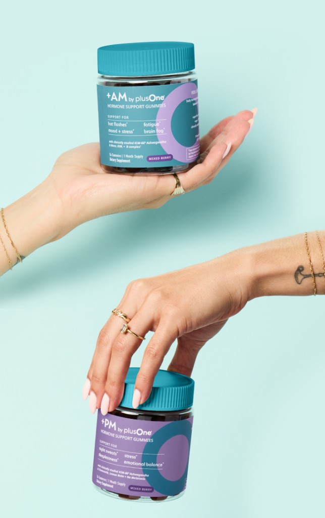 Hands holding plusOne +AM and +PM jars